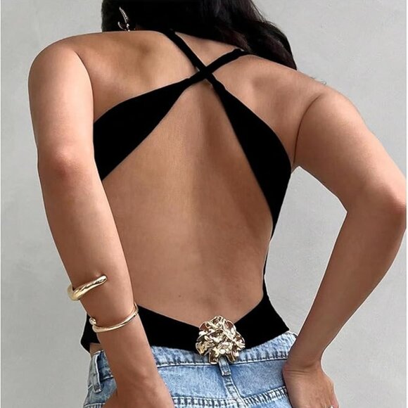 Flower Criss Cross Backless Halter Top - Picture 1 of 6